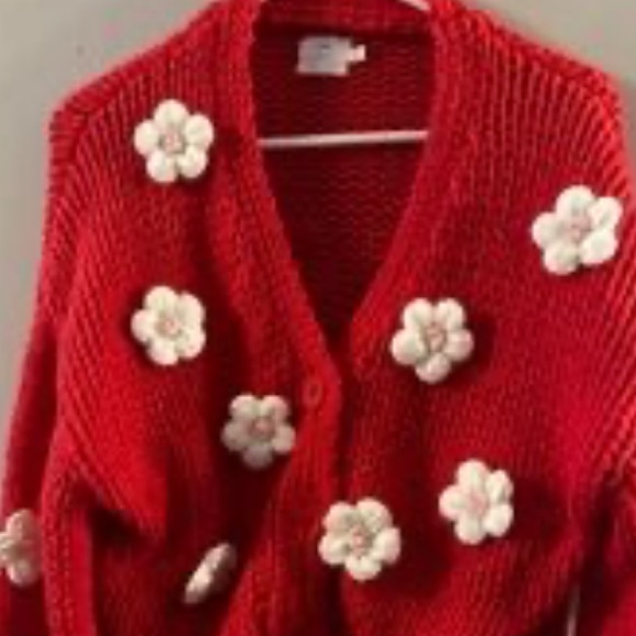 LUNA IVY Red Chunky Knit Crocheted Flower Crochet Rosette Cardigan Sweater S - Picture 5 of 9